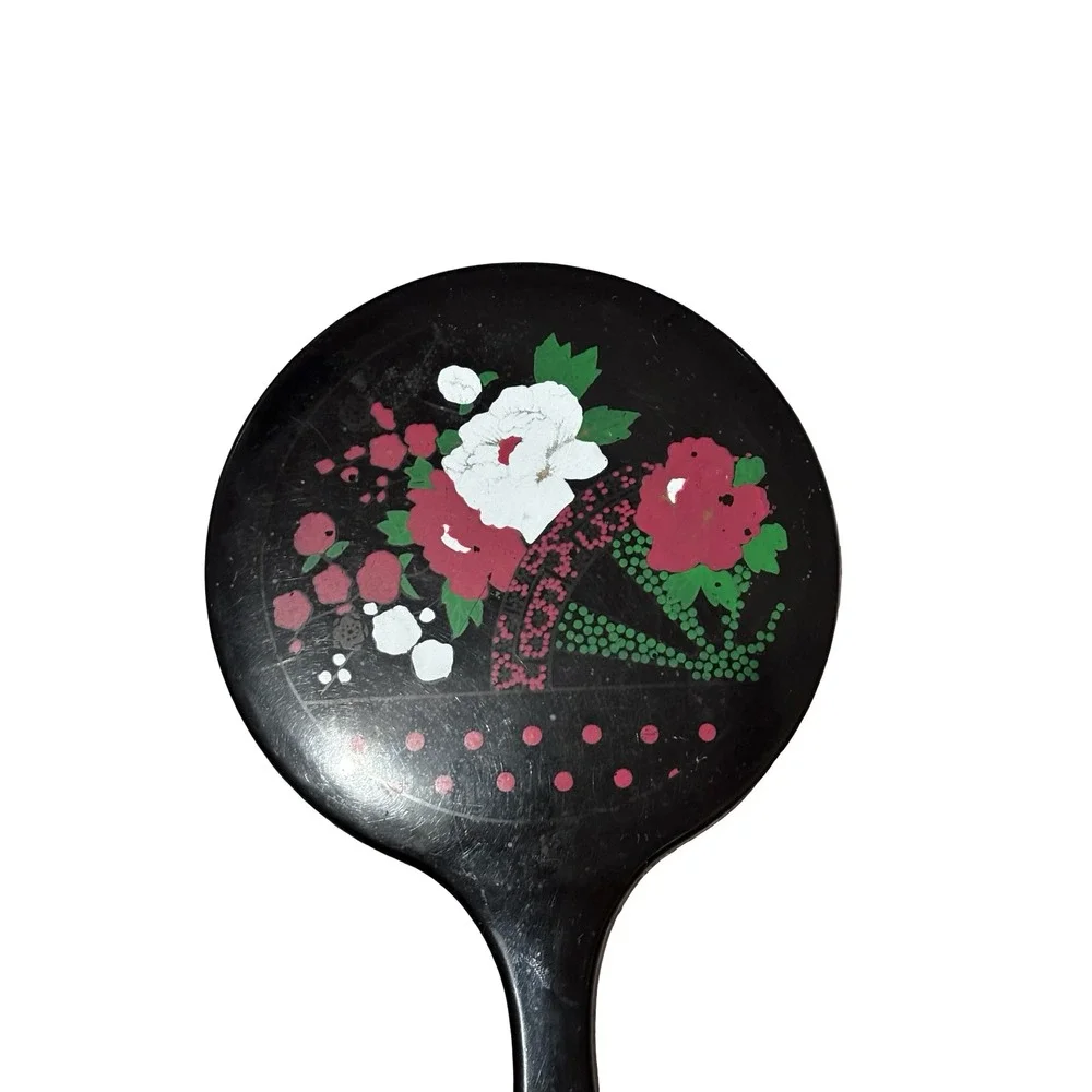 Vintage Hand Mirror Black Floral Hand Painted Roses Vanity Handheld Retro Mirror
